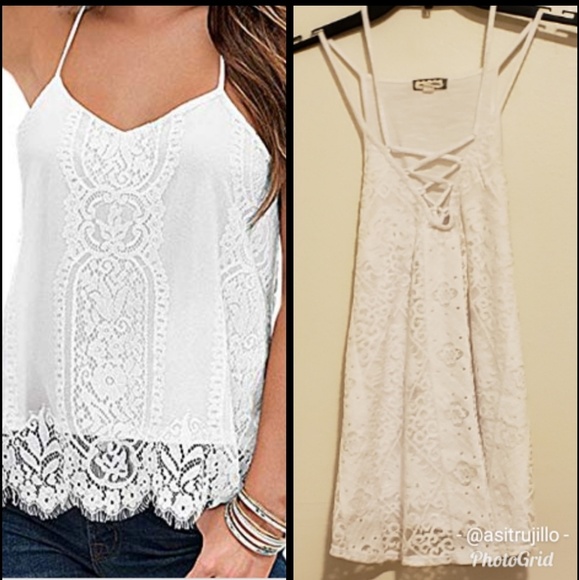 Eyeshadow Tops - White Lace Spaghetti Strap Top w/ Halter Neck Lg